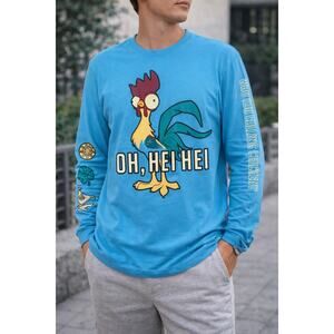 Disney Moana Hei Hei Aqua Blue Long Sleeve Graphic Tee Shirt Mens Size Large